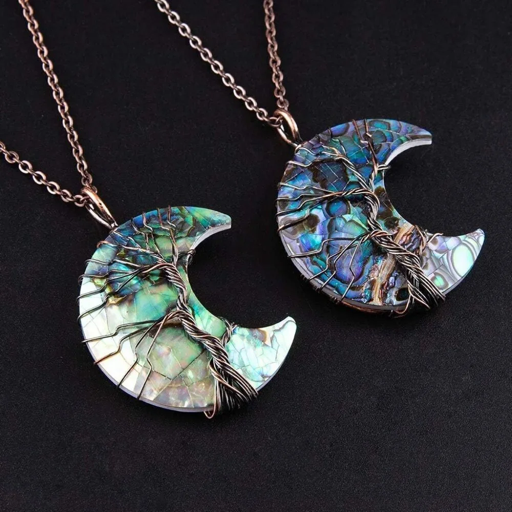 Witch Moon Necklace Copper Wire Abalone Crystal Pendant Natural Stones